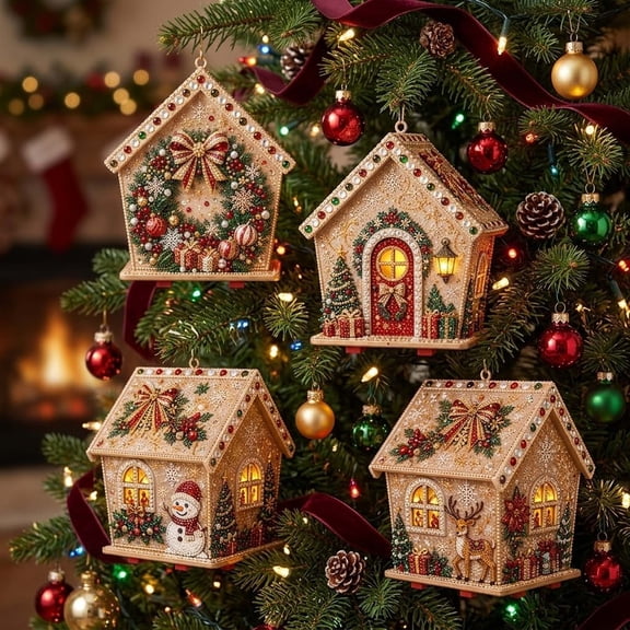Christmas Pearl Painting Art Set, DIY Christmas Pearl Diamond Art Kit with Frame Home Wall Decor Ornaments Handmade Kit, DIY Wooden House Decor with Rhinestones for Home Decoration