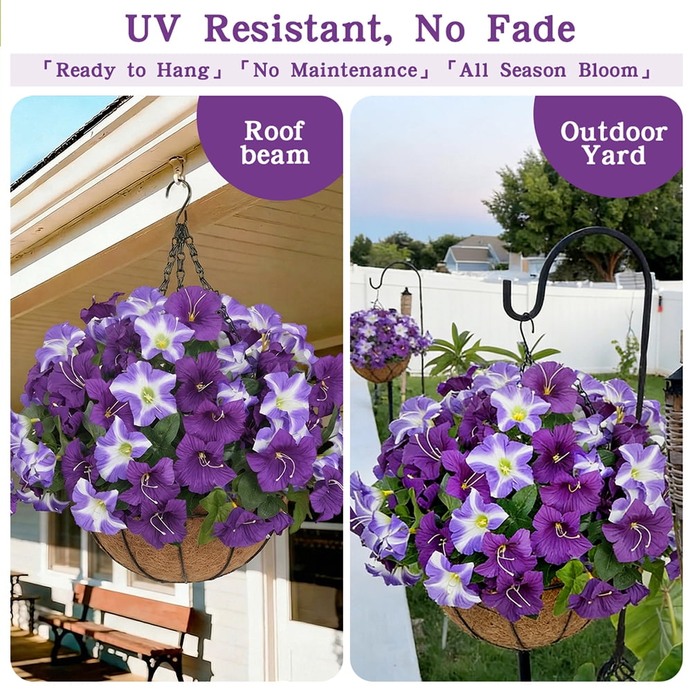 2 Sets Of Artificial Hanging Flower Baskets For Plant Outdoor Decoration, Simulated Silk Anti Uv Morning Glory Flowers, Suitable For Home Porch, Terrace, Garden, Courtyard