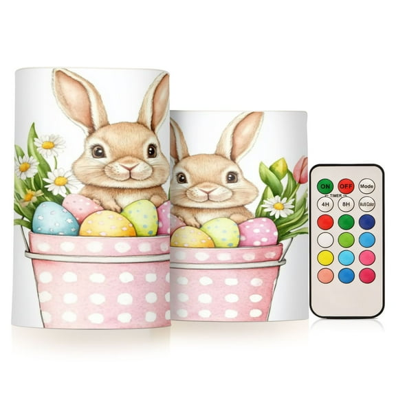 2 PCS Flameless Candles with Remote Timer LED Battery Operated Flickering Candle Light for Wedding Table Home Decoration Gifts Easter Bunny and Bucket