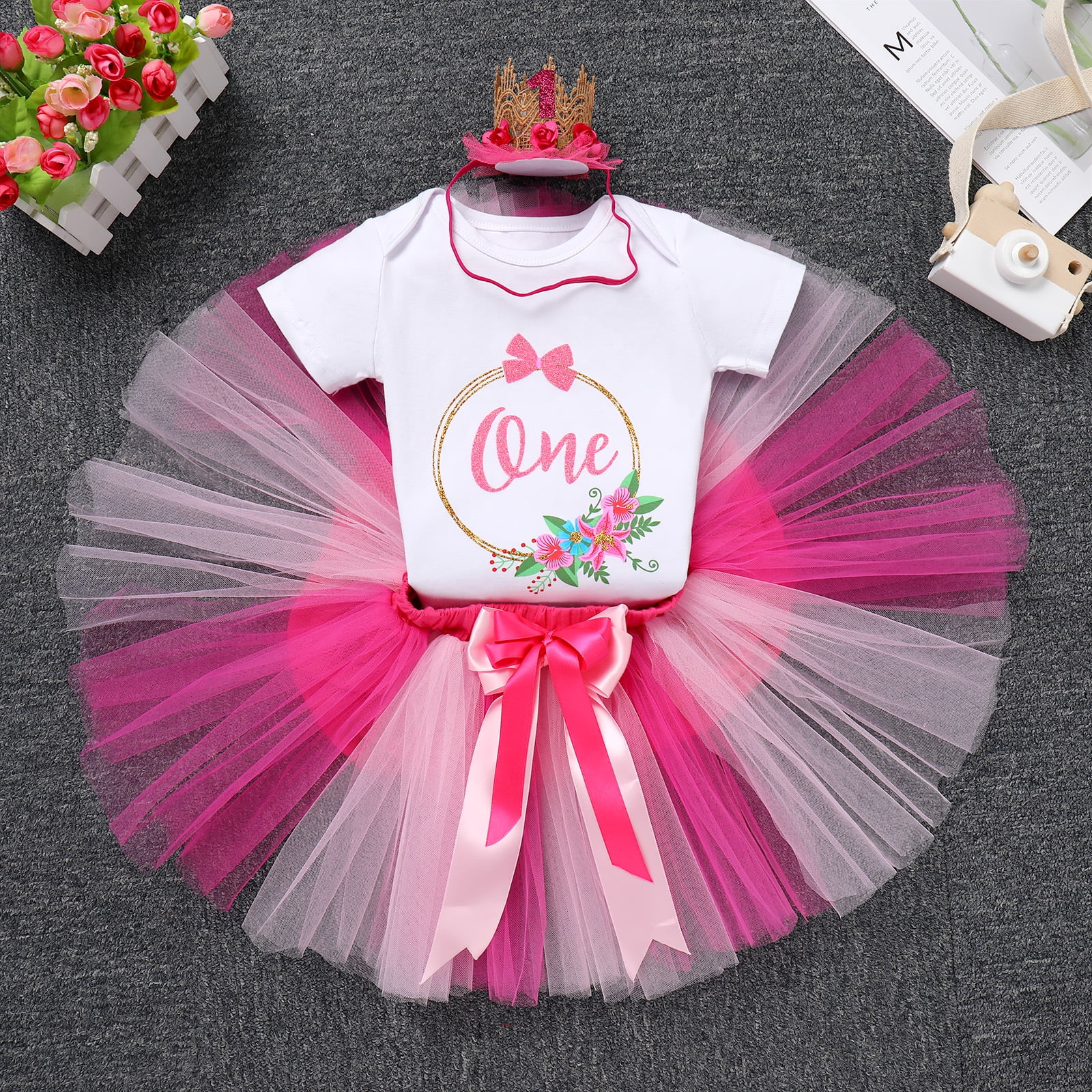 IBTOM CASTLE Infant Baby Girl One Year Old Birthday Outfit Floral Lace Party Cake Smash Romper + Tutu Skirt + Crown Clothes Set for Photo Shoot 1 Year Hot Pink - Flower