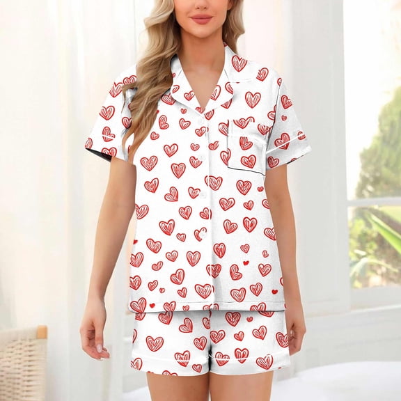 Goodtrade8 Button up PJ Sets for Women 2 Pieces Shorts & Tops Homewear Casual Pockets Short Sleeve Lightweight Loungewear Heart Print PJS Womens Pajamas Set Summer