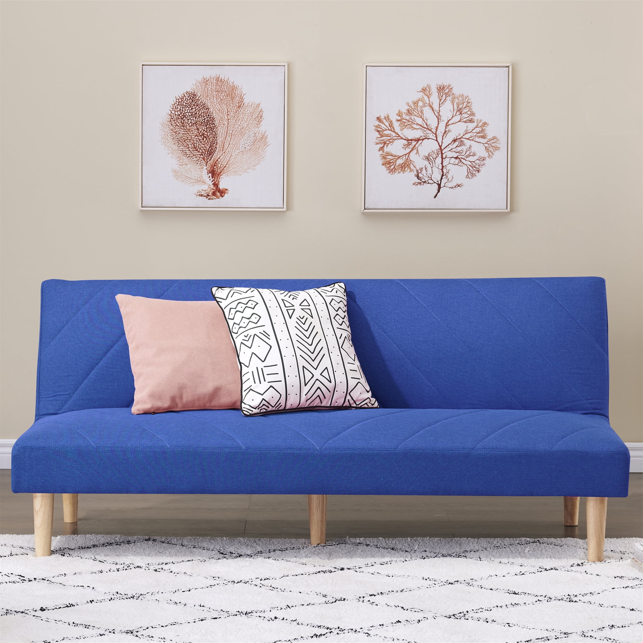 Aukfa Futon Convertible Sofa Bed- Twin Size- 5 Wooden Legs- Space Save- Blue