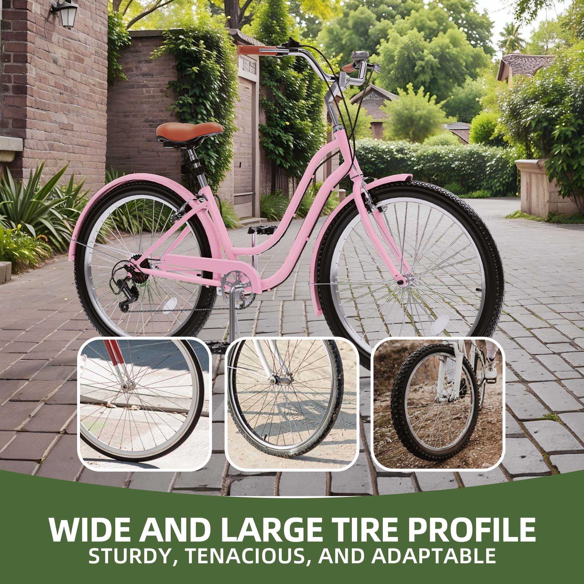Uforic24'' Beach Cruiser Bike, 7-Speed, Step-Through Bicycle for Men & Women, Steel Frame, Pink