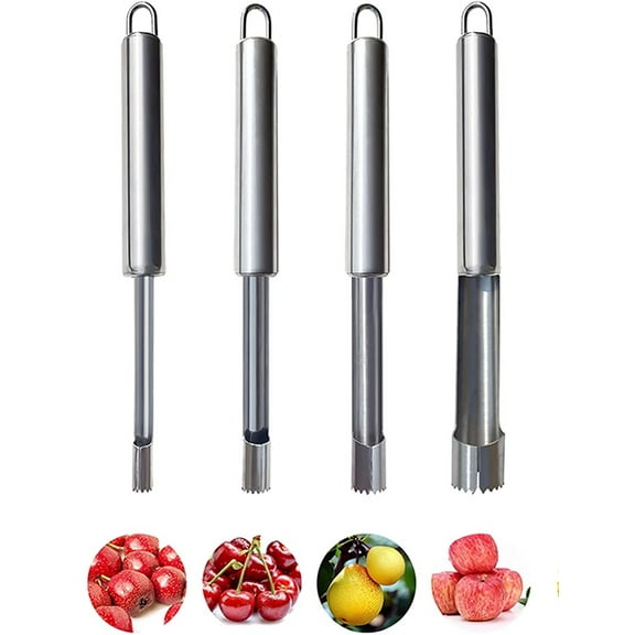 Casewin 4 Pcs Corer and Pitter, Fruit & Vegetable Corer and Pitter Remover for Apple, Pear, Cherry, Jujube, Red Dates, Berry, Chili, Silver