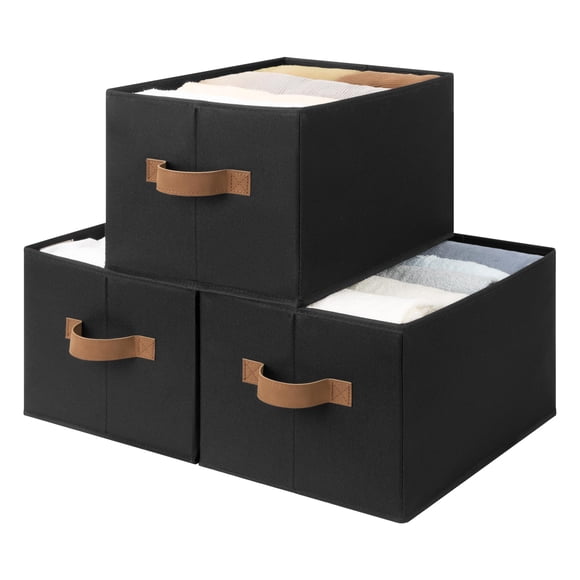 StorageWorks Paniers de Rangement pour Étagères, Bacs de Rangement Pliables en Tissu avec Poignées, Organisateur de Vêtements Paniers à Linge, Noir, Lot de 3, Grand