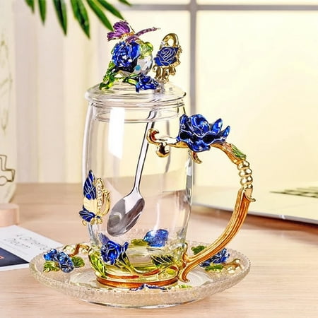 Affogato Unique 350ml Glass Tea Cup, Handmade 3D Vintage Coffee Mugs with Lid Coaster, Spoon, Enamel Butterfly and Rose Engraving, 18oz Glass Flower Cup Best Gift for Dad Mom Home Office Party, Blue