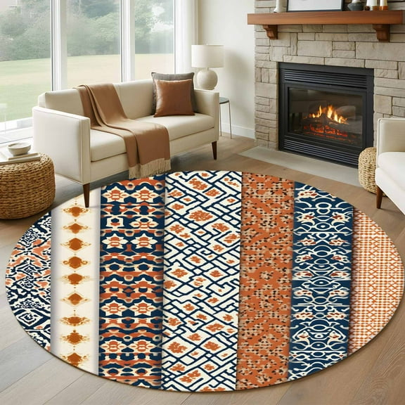 Boho Flower Stripe Round Area Rug 6 FT, Non Slip Bedroom Area Rug, Bohemian Ethnic Retro Patterns Washable Soft Circular Carpet Non-Shedding Floor Mat for Kitchen Dining Room Home Office Kids Room