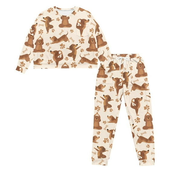 HELLHERO Dachshund Printed Drawstring Pajamas for Women Dog Paw Printed Sleepwear Crewneck Loungewear Long Sleeve Tops Jogger Pants Pajama Sets, XL