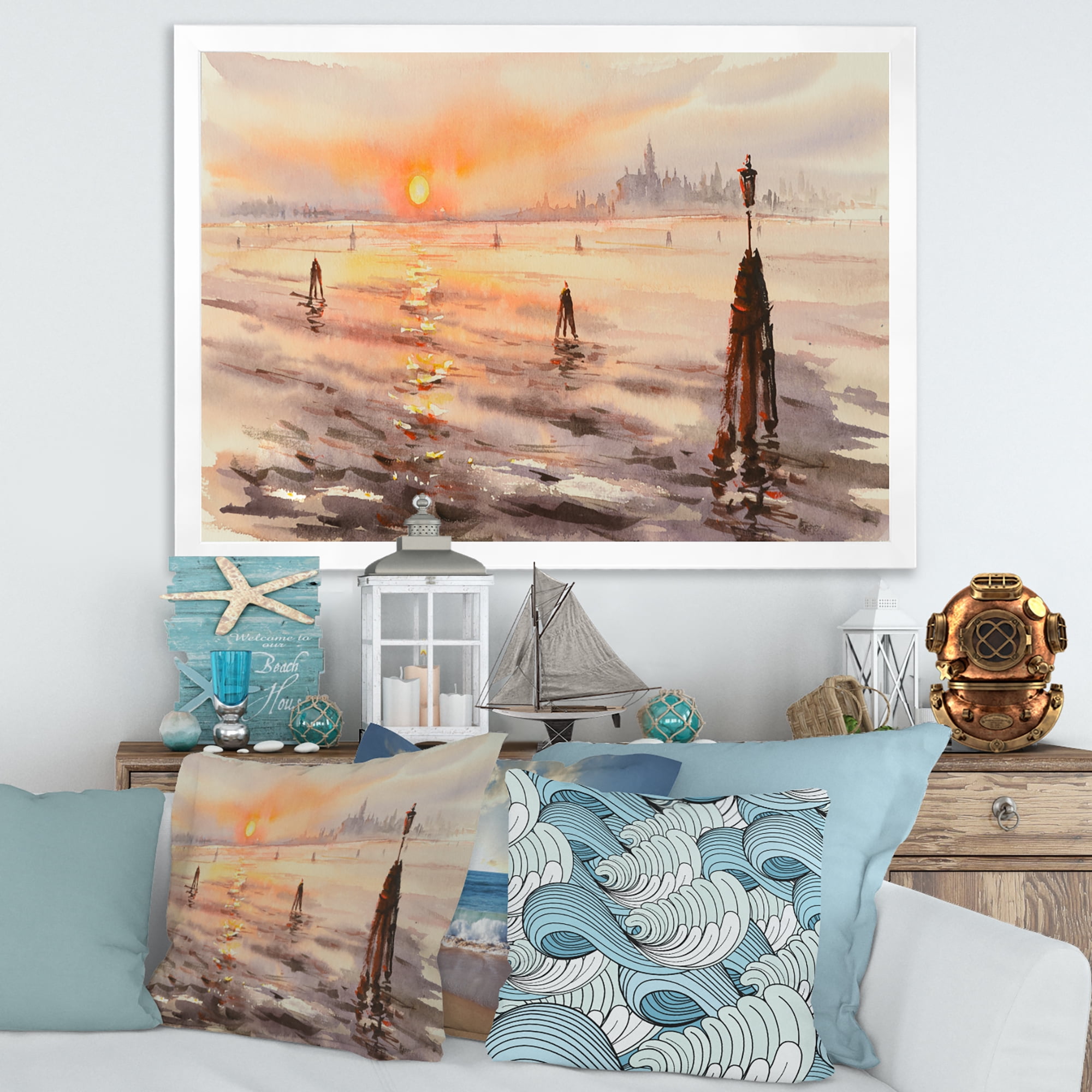 Designart 'Panorama of Venice Laguna Beach At Sunset' Nautical & Coastal Framed Art Print