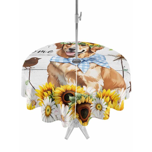 Outdoor Tablecloths with Umbrella Hole & Zipper, Sunflowers Dog Round Tablecloth 54 Inch, Spring Watercolor Floral Stars Wood Grain Waterproof Table Cloth, Patio/Pool/Picnic Table Covers