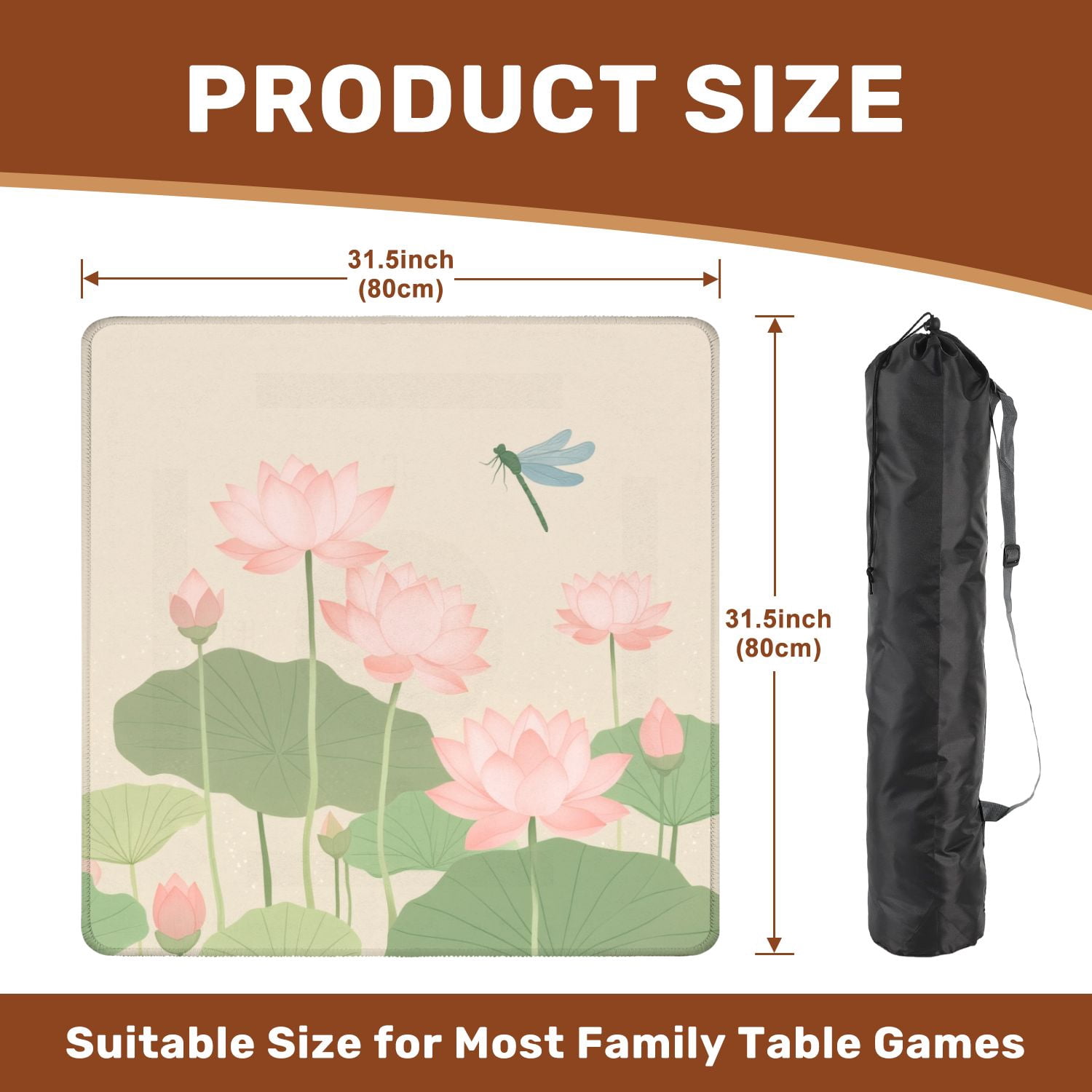 Mahjong Mat 31.5" x 31.5" lotus flowers dragonflies Non-Slip Noise Reduction American Mahjong Tiles Table Cover for Dominoes Poker Card Board Games Gift