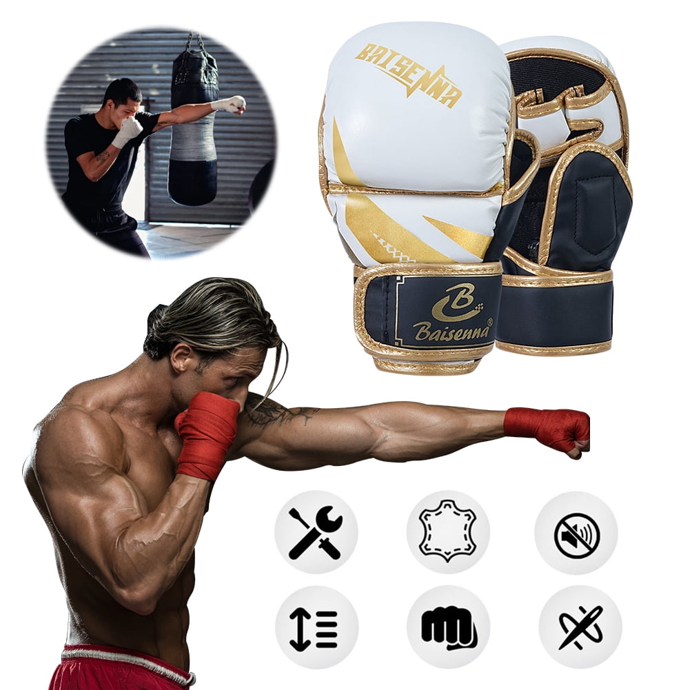 Half Finger Boxing Gloves Thickened Heavy Punching Bag Gloves Exercise Training PU Leather Sponge Gym Mitts Gloves(Adult White Gold)