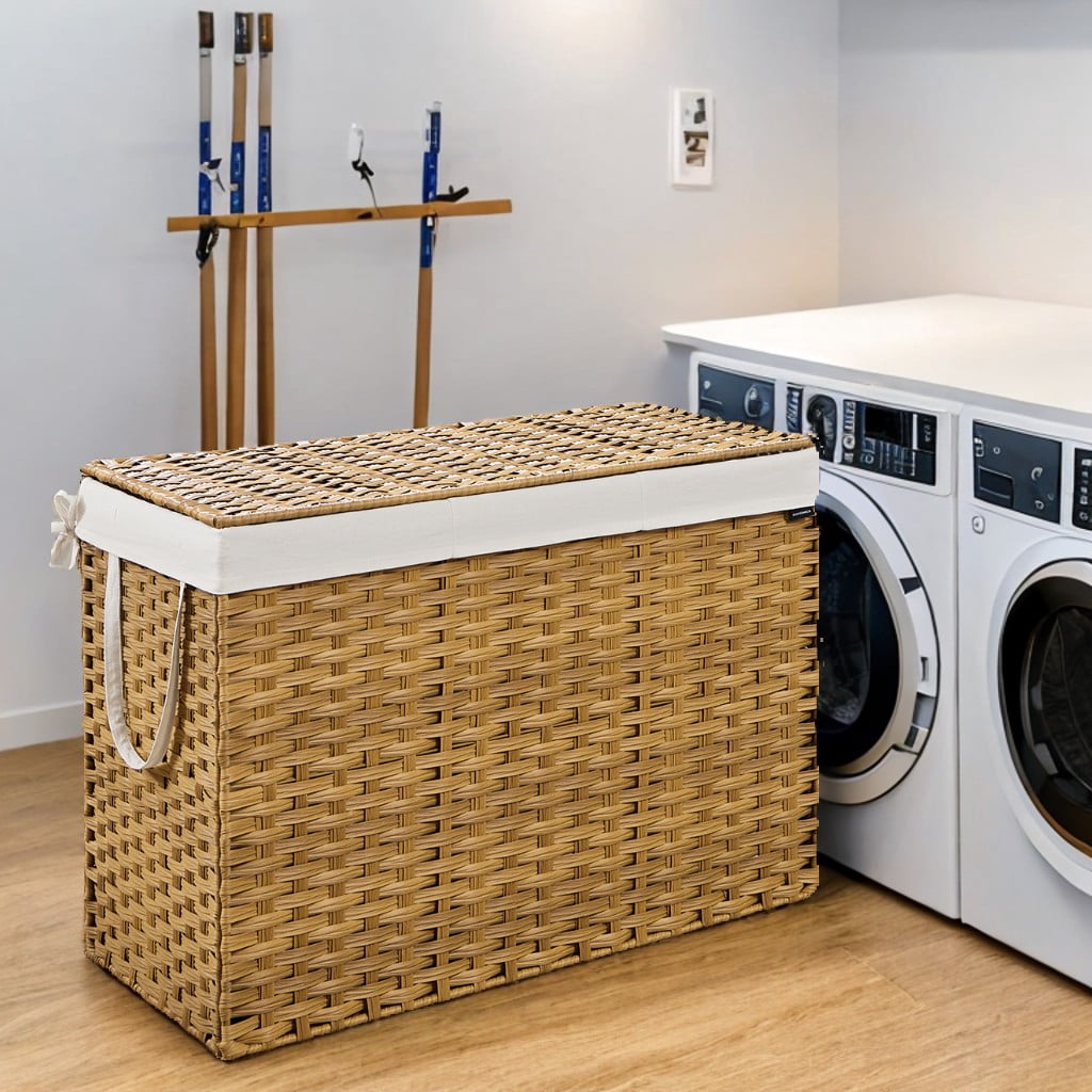 LEDREM 200L Double Laundry Hamper with Lid, 4 Sections & 6 Mesh Bags, Wicker Design, Removable Liners, for Bathroom/Bedroom, Natural