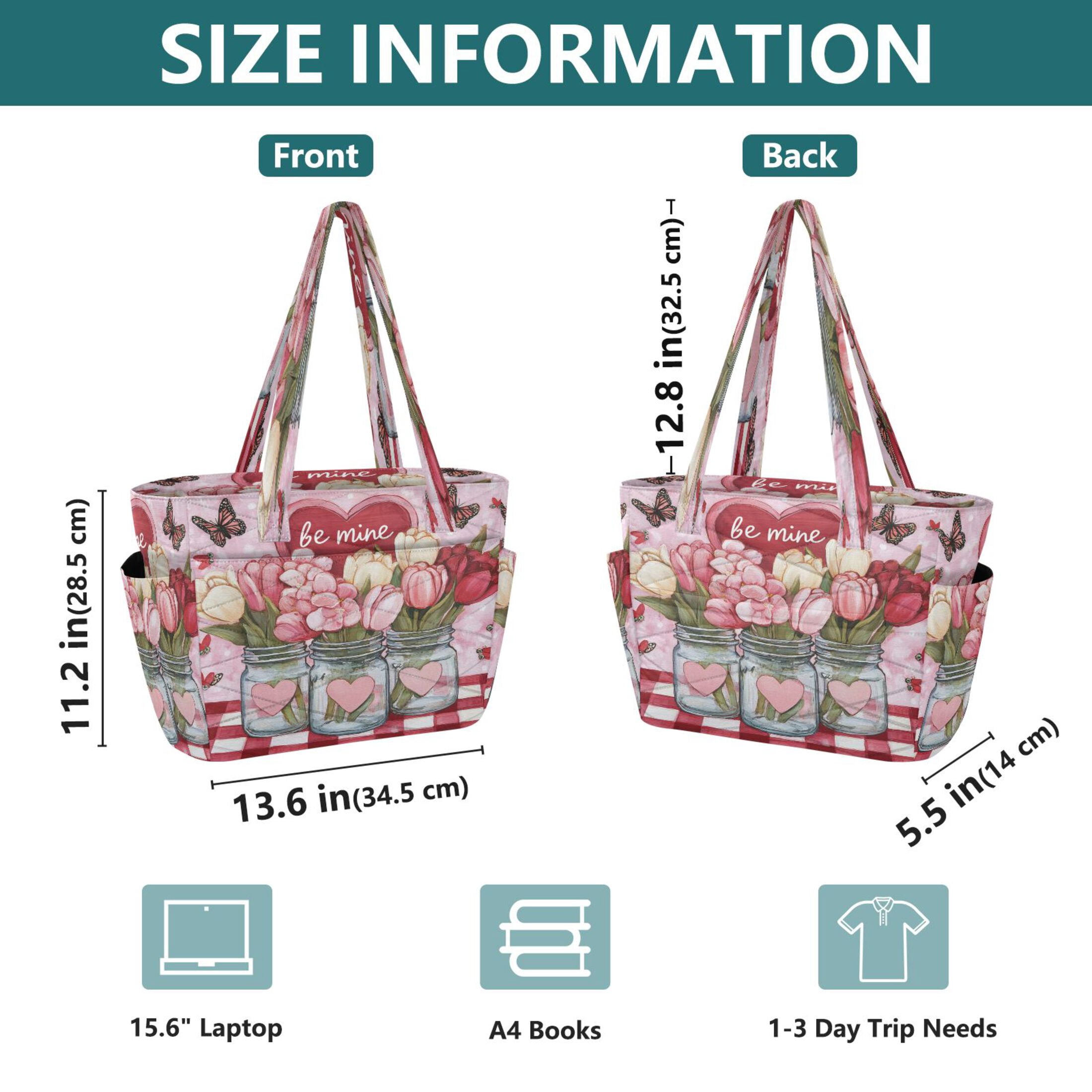 Tote Bag Quilted Tote Bag Women's Tote Handbags Suitable for Work, Beach, Travel and Shopping Valentine's Day Flower Pattern