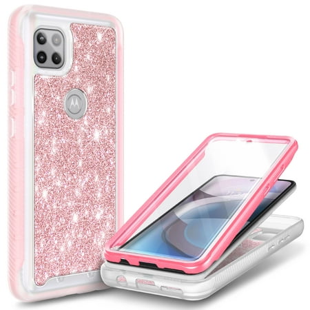 Nagebee Case for Motorola Moto One 5G Ace / Moto G 5G with Built-in Screen Protector, Full-Body Protective Rugged Bumper Cover, Shockproof Durable Case (Pink Glitter)