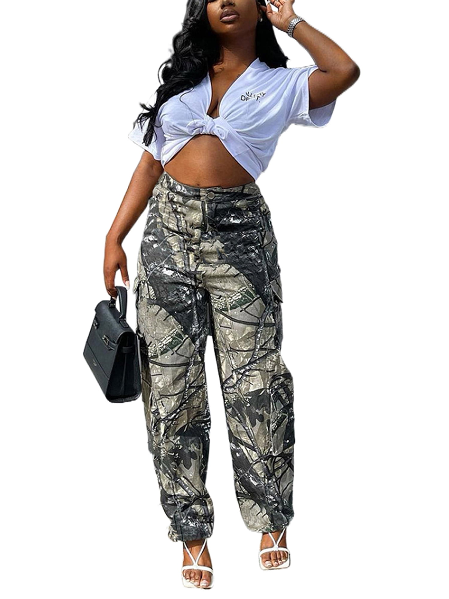 Desert Camouflage Cargo Pants Women Handsome High Waist Loose Straight  Trousers Pocket Wild Pure Cotton Casual Pants Female