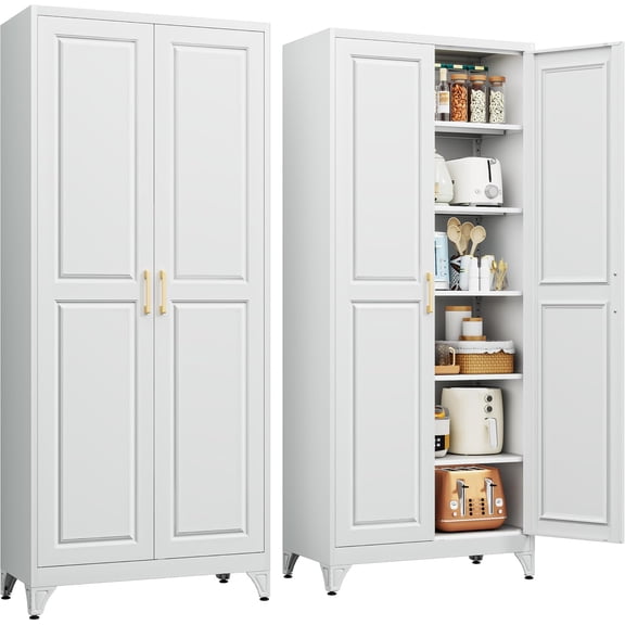 75" Metal Kitchen Pantry Cabinet, Storage Cabinets with 2 Doors | Kitchen Cabinet with 5 Adjustable Shelves, Tall Food Pantry Cabinet, White Cupboard for Kitchen, Dining Room, Living Room