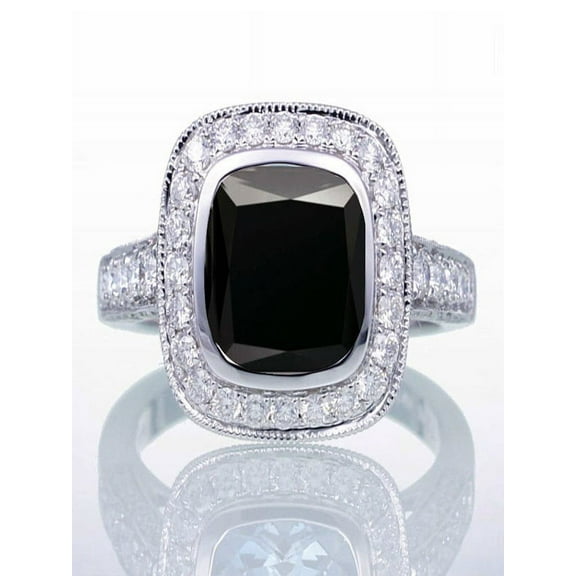 1.5 Carat Cushion Cut Black Diamond and Diamond Halo Vintage Engagement Ring for Women on 10k White Gold