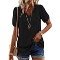 thumbnail image 3 of Women's Short Sleeve Tops Summer V Neck Tshirts Linen Vintage Casual Tees, Black XL, 3 of 6