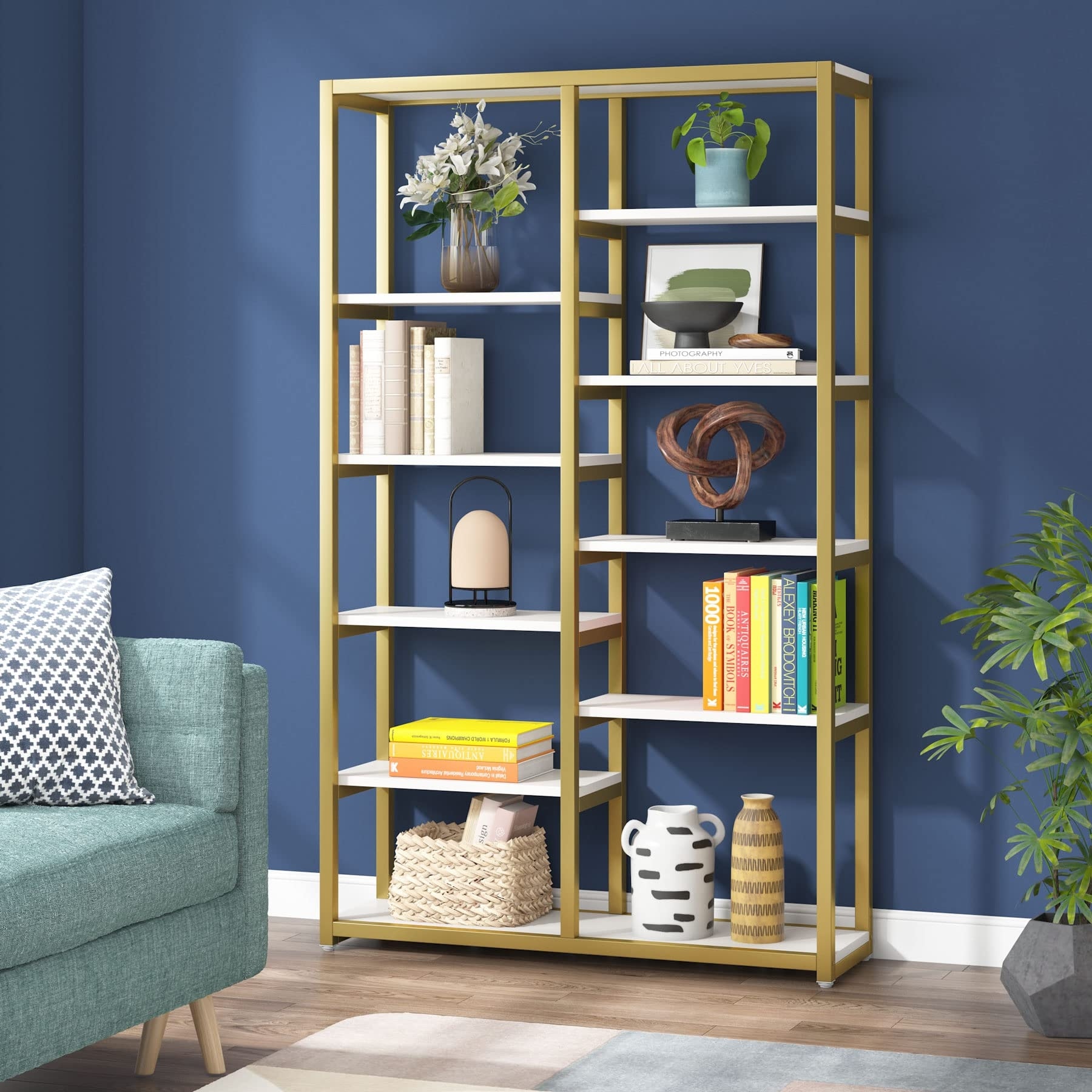 10 Tier Bookcase Bookshelf, Modern Etagere Bookcase Display Shelf Gold