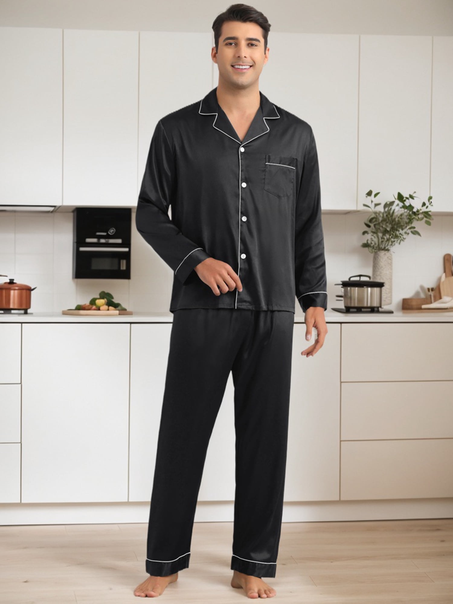DARING DIVA Men's 2-Piece Homewear Button Down Long Sleeve Shirt XL Black