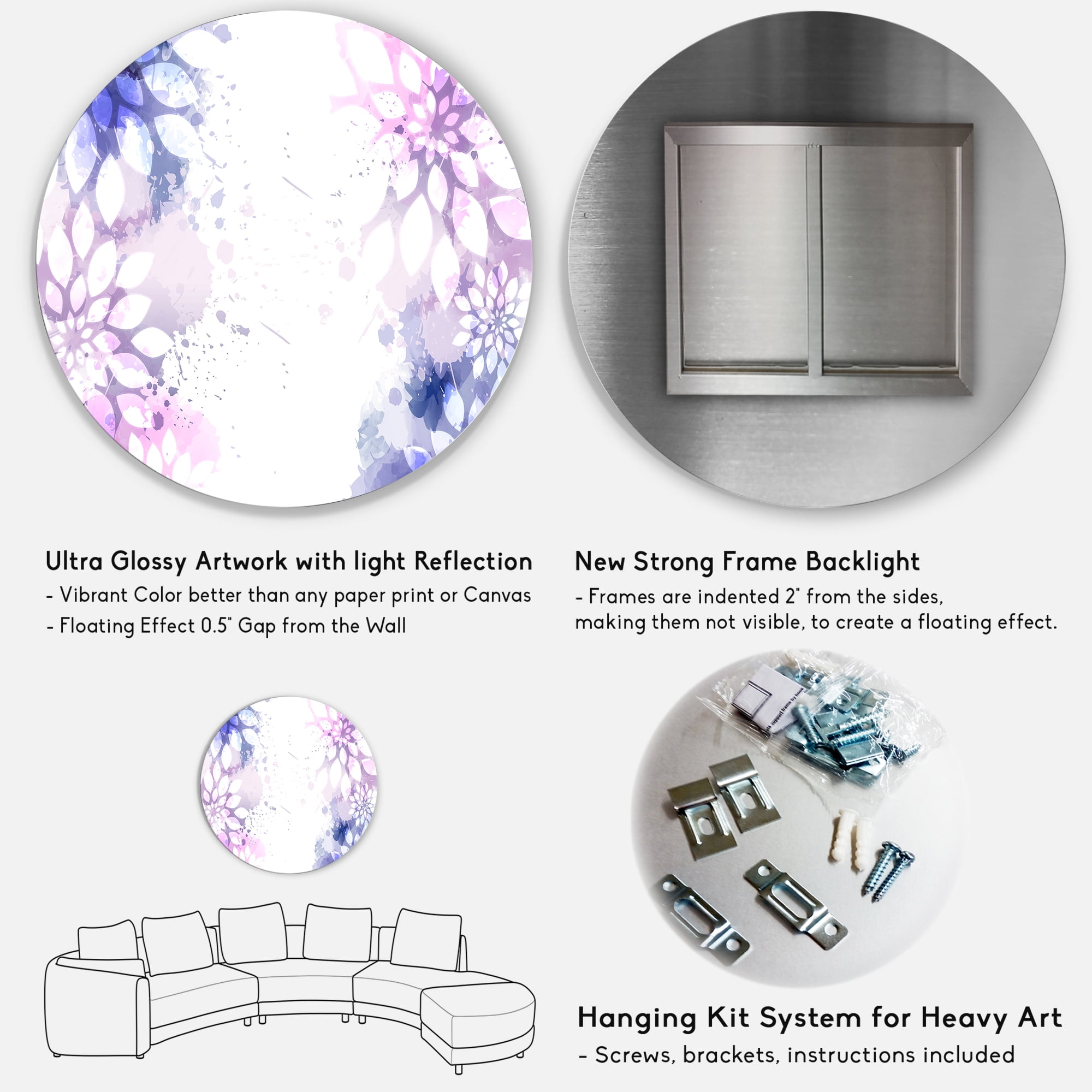 Designart 'Pink and Purple Abstract With Colorful Splashes II' Modern Circle Metal Wall Art 29x29 - Disc of 29