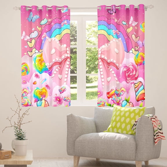 Manfei Kawaii Bowtie Bow Curtains Pack of 2 (42x84 Each),Colorful Fairy Tale Curtains Blackout,Cartoon Daisy Candy Pattern Bedroom Curtains For Girl Kids,Breathable Home Decor