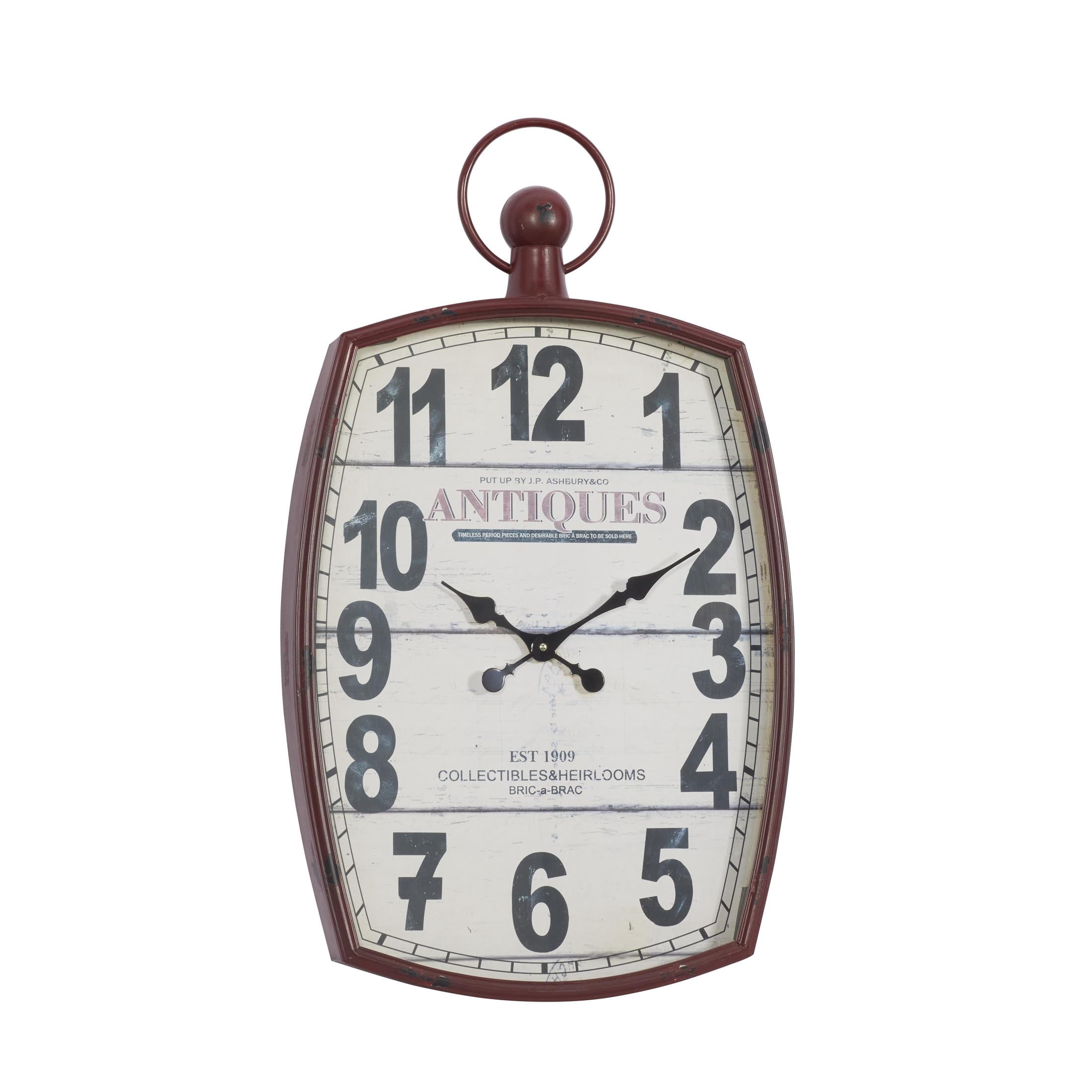 DecMode 19" x 33" Red Metal Finial Distressed Pocket Watch Inspired Wall Clock