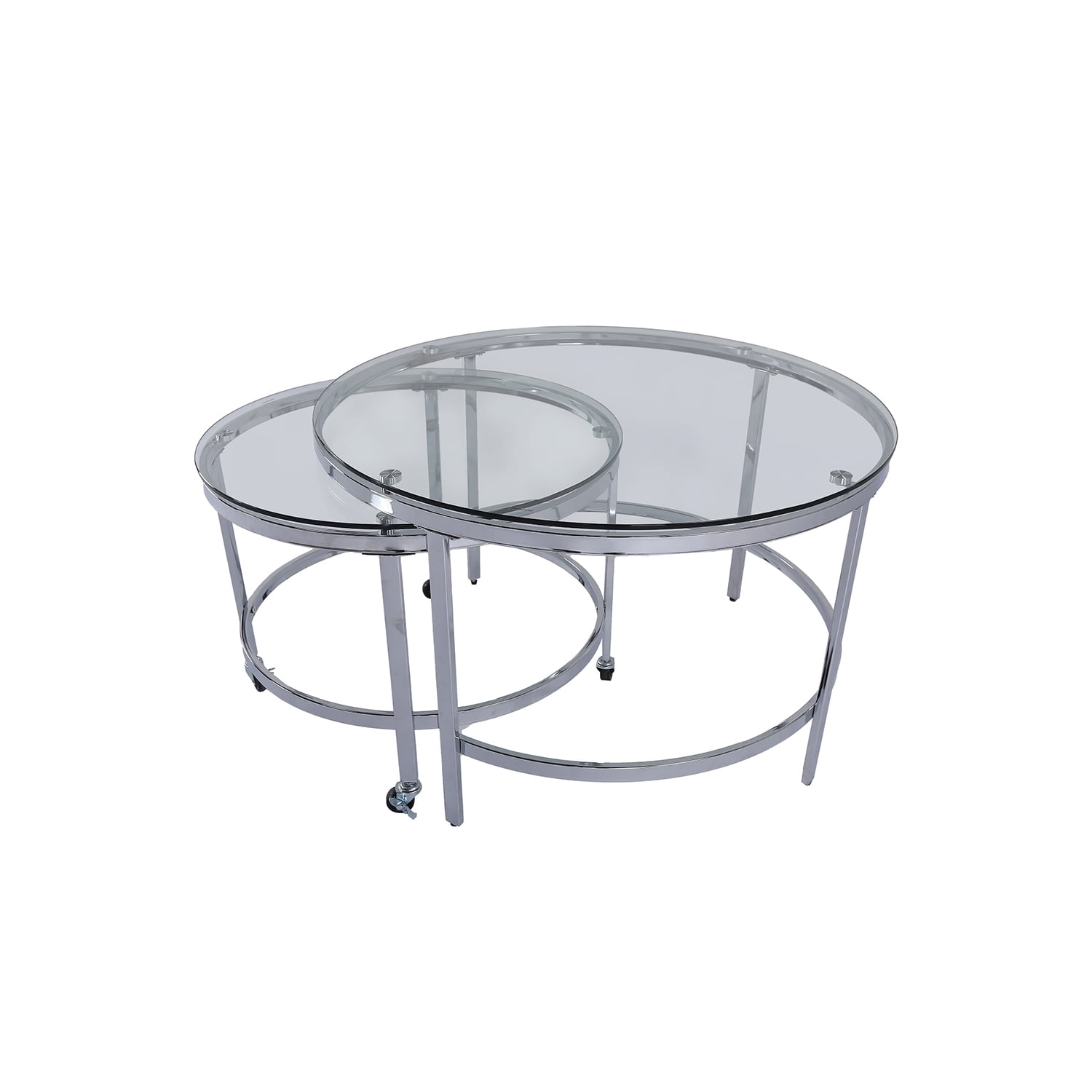 Kepooman Set of 2 Glass Nesting Table for Living Room, Round Side Table on Casters, Silver Kepooman Set of 2 Glass Nesting Table for Living Room, Round Side Table on Casters, Silver