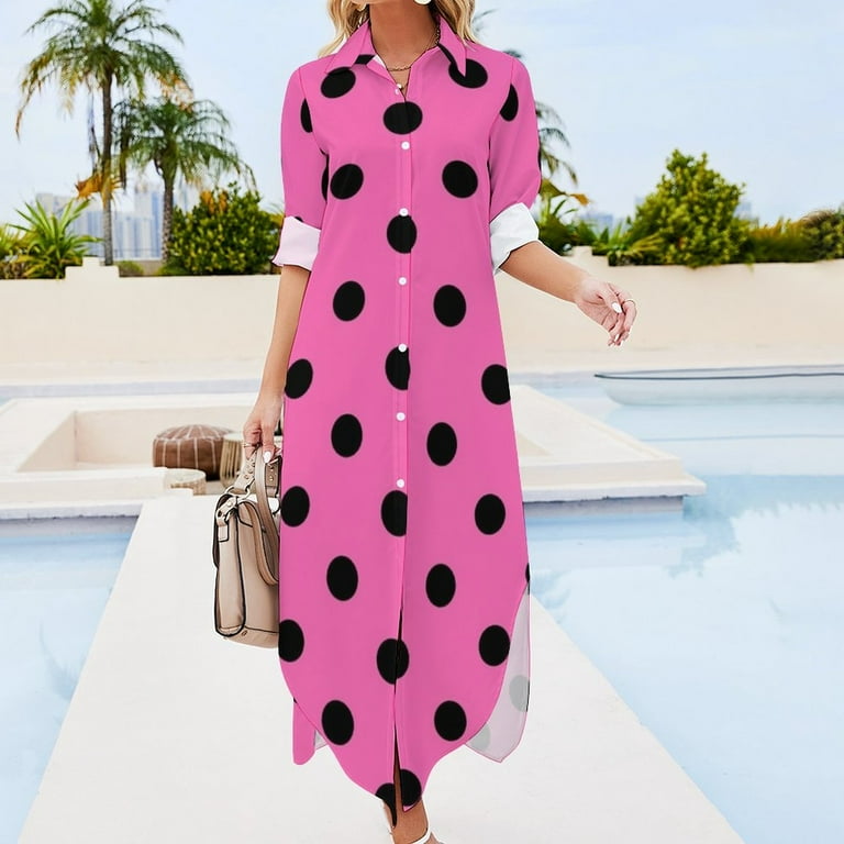 Large Black on Light Hot Pink Polka Dots Long Sleeved Shirt Dress fairy dress  purple dress women summer - Walmart.com