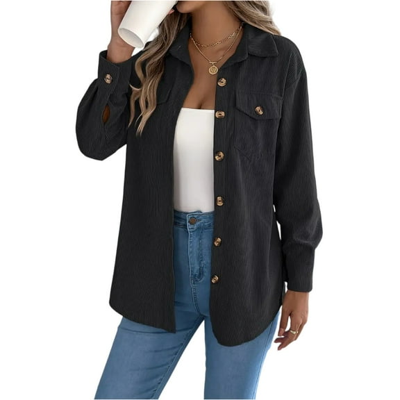 WTOBBY Women's Corduroy Shirt Jacket, Lapel Collar Single Breasted Button Front, Long Sleeve Casual Overshirt, Solid Color Vintage Style, Comfortable Loose Fit,Black L