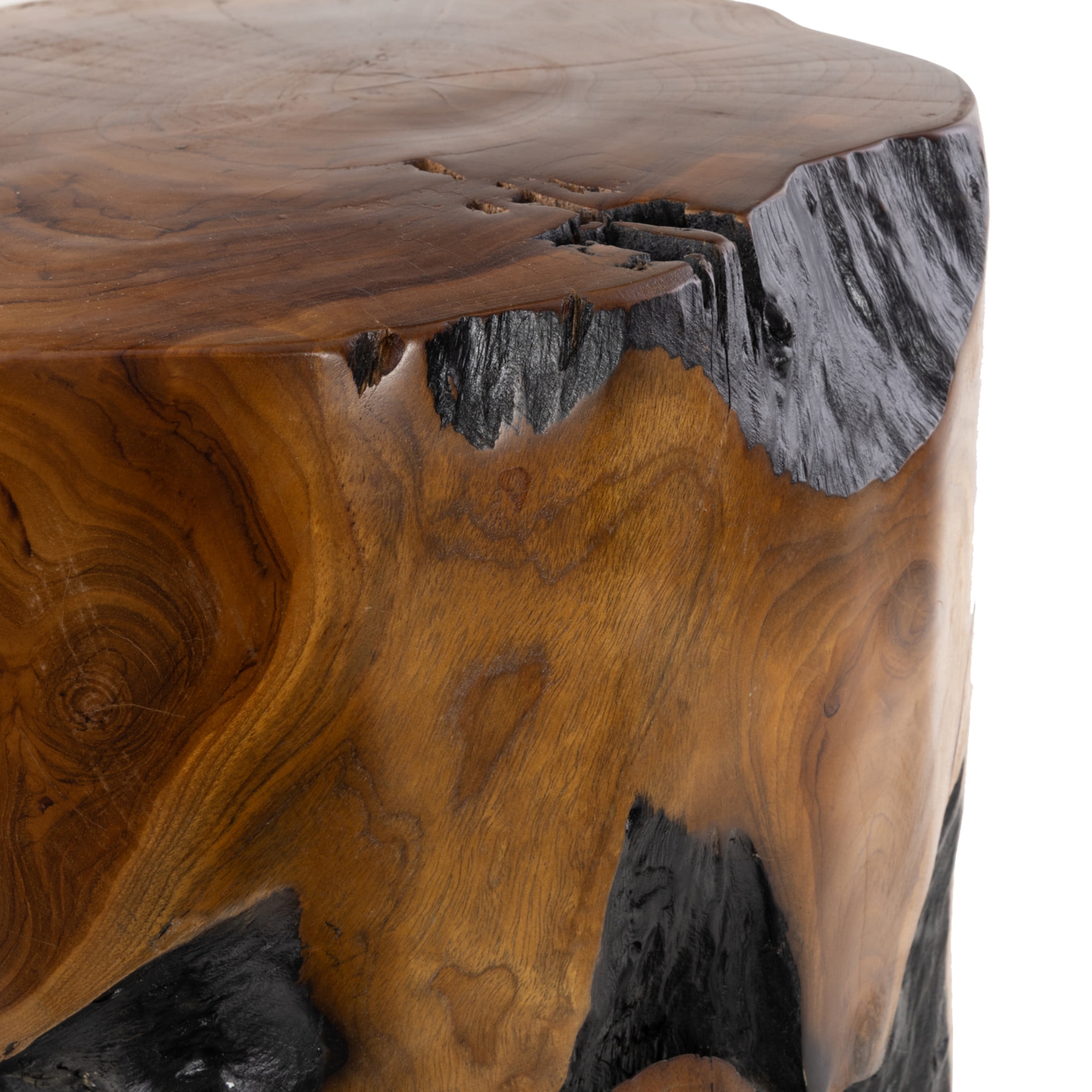 DecMode Teak Wood Handmade Live Edge Stump Stool with Charred Detailing, Brown