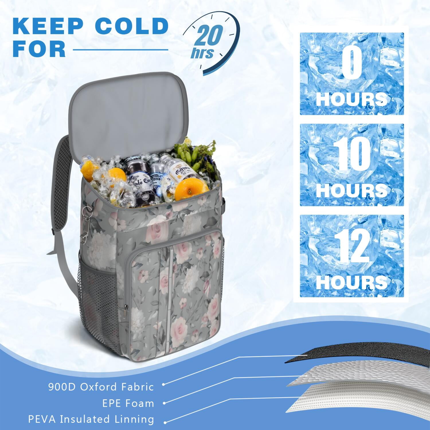 Travel Cooler Bag - Pioneer Flower Floral Print Pattern Camping Beer Cooler Backpack with Bottle Opener- Waterproof Insulated Picnic Backpacks - Cooler Bag for Beach