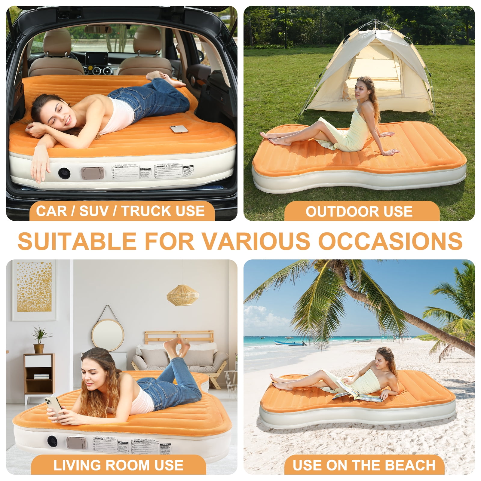 QDH SUV Air Mattress Double Size Thickened Flocked Car Bed Mattress for Travel and Camping with Built-in Electric Pump Portable Inflatable Blow Up 660lb Weight Capacity Orange