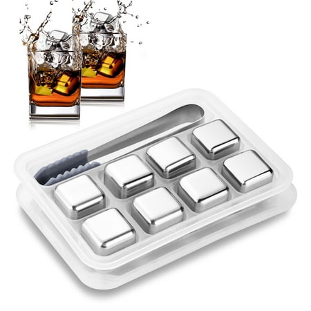 Reusable Stainless Steel Ice Cubes, Metal Whiskey Stones, Whiskey Chilling Stones with Tongs & Ice Tray for Wine Beer, Whiskey Stones Gift for Men Father (8