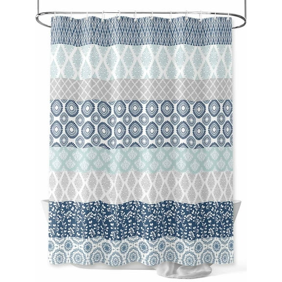 Geometric Bohemia Shower Curtain, Stripes Gray White and Blue Waterproof Shower Curtain Set with 12 Hooks Lightweight Washable Fabric Shower Curtains for Bathroom 72x72 Inches
