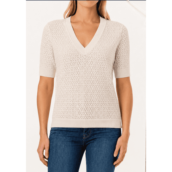 Splendid Women’s, Short Sleeve V-Neck Knit Sweater – Lightweight Pointelle Pullover - Color White, Size L