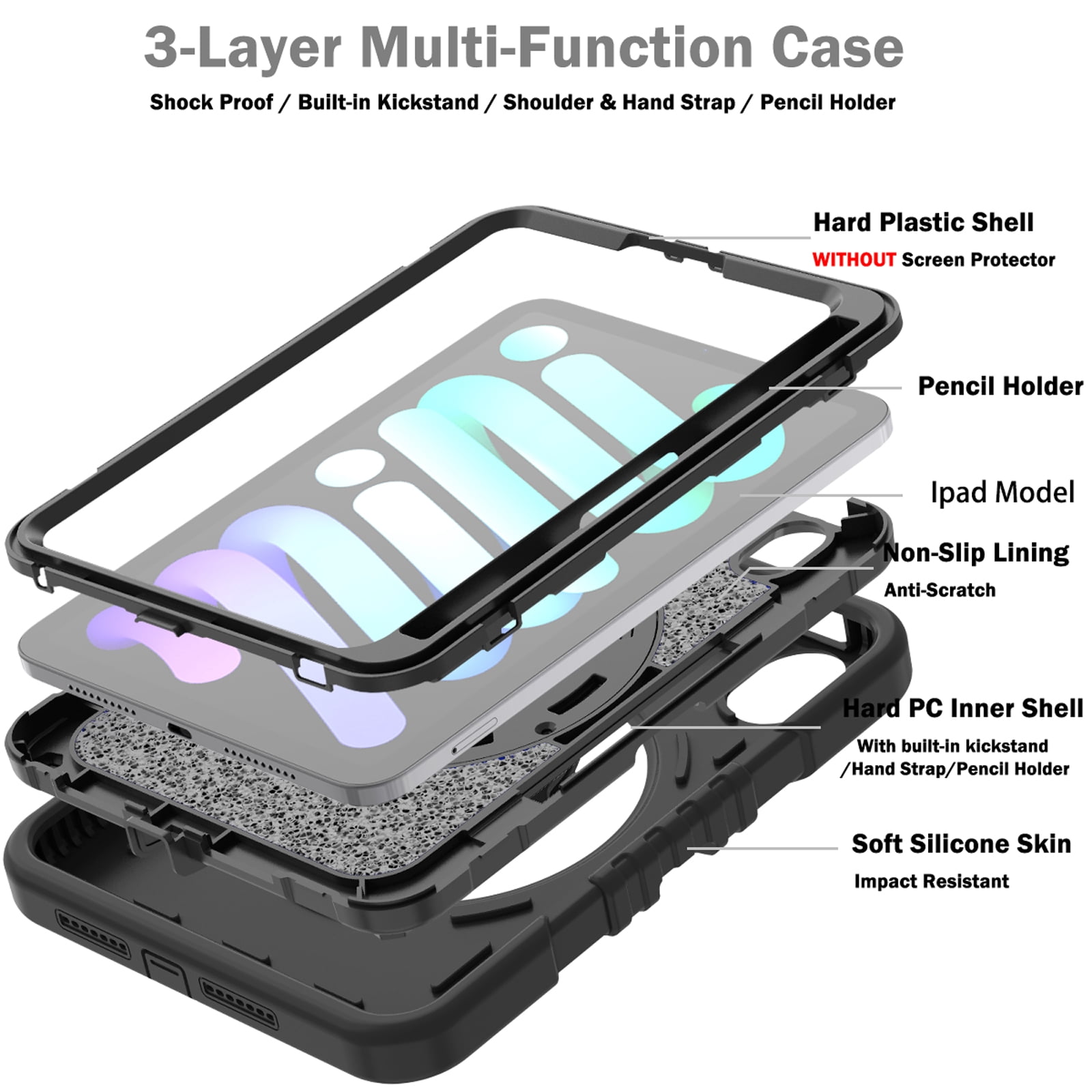 Dteck Case for iPad mini 7 (A17 Pro) 8.3 inch 2024/ iPad mini 6th Generation,Heavy Duty Rugged Drop Proof Shockproof Armor Case with Stand Pencil Holder Hand Strap Shoulder Strap,Black