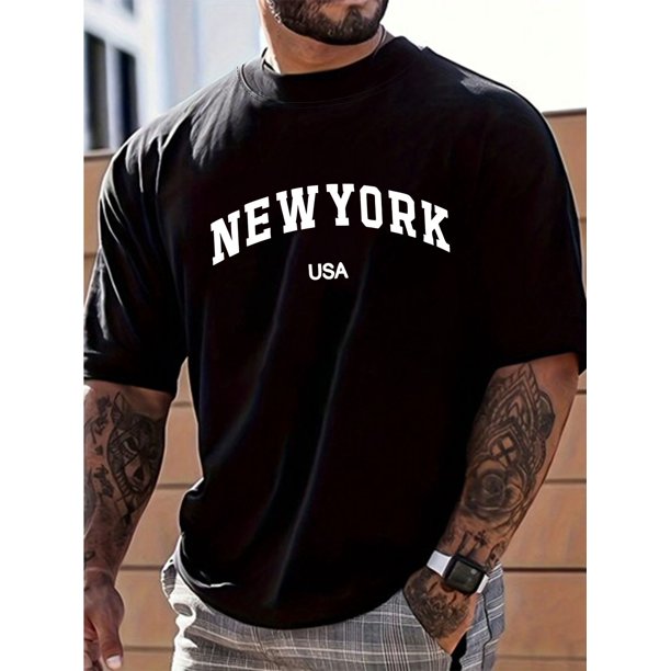 Plus Size Men's New York Print Fancy Letter T-Shirt, Short Sleeve Casual Fashion Tee, Street Style Crew Neck Shirt