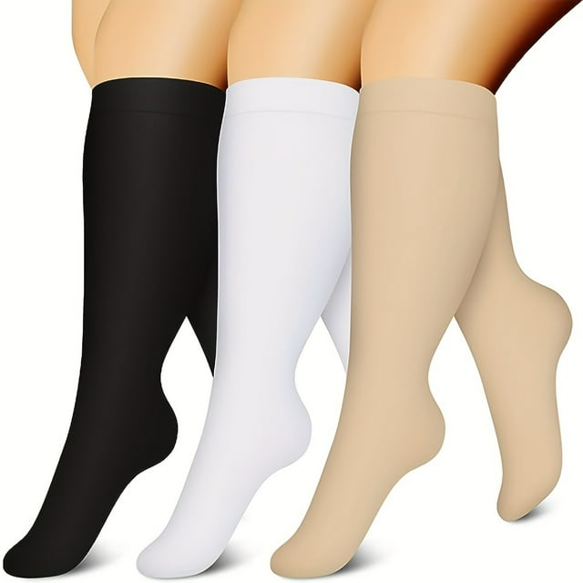 3 Pairs Plus Size Compression Socks - Compression Stockings for Women & Men with 15-20 Mmhg Extra Wide Calf Knee High Support