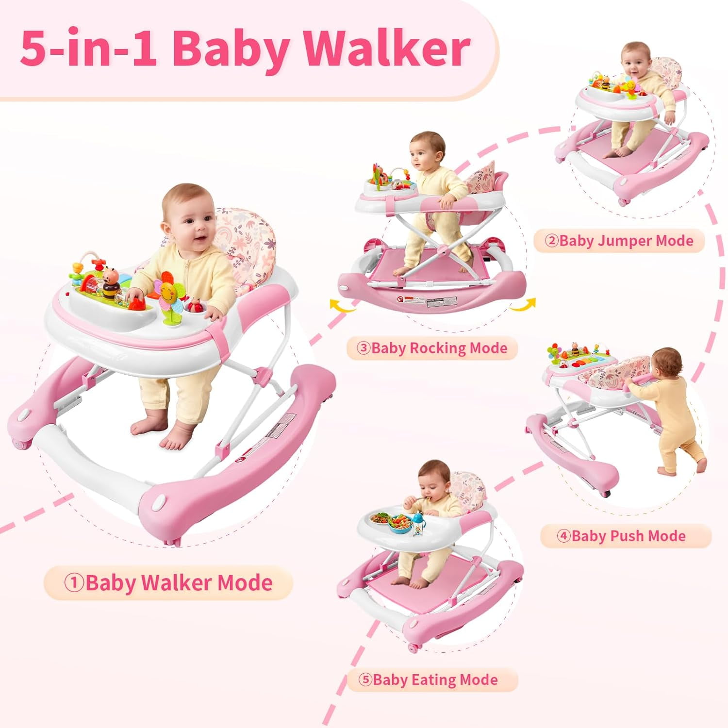 5 in 1 Baby Walker (Walk,Jumper,Rocking,Push,Eating Mode) for Boys Girls,Foldable,Music & Light,Height Adjustable,Wheel for Infant Babies,Pink Flower