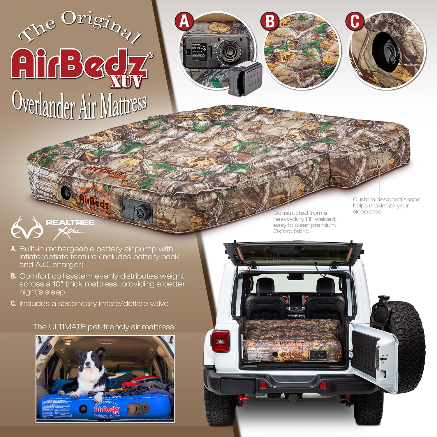 Pittman Outdoors AirBedz XUV JEEP, SUV & Crossover Vehicle Rear Seats Down Air Mattress, Built-In Rechargeable Battery Air Pump