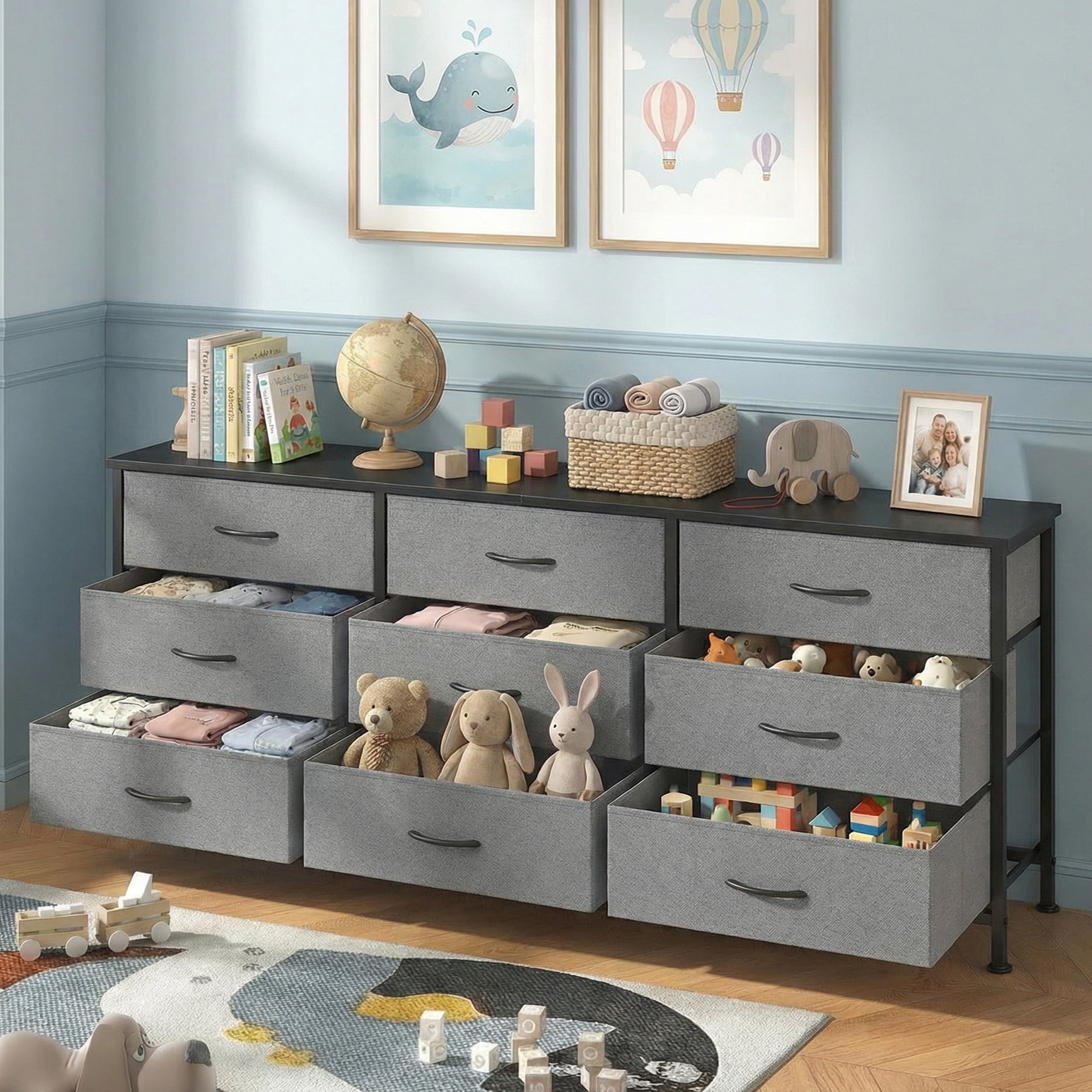CONCETTA 9 Drawer Storage TV Dresser, Metal Frames Resist Deformation, Adjustable Feet Prevent Tipping, Accommodates TV Up to 75 inch, Suitable for Living Room,Gray