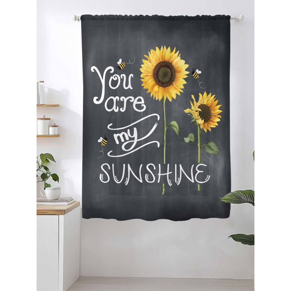 Sheer Curtains 63 Inch Length, Sunflowers Semi Sheer Curtains Light Filtering Window Treatment, Classic Bee You Are My Sunshine Black Privacy Voile Drapes for Living Room Bedroom 52x63 Inch