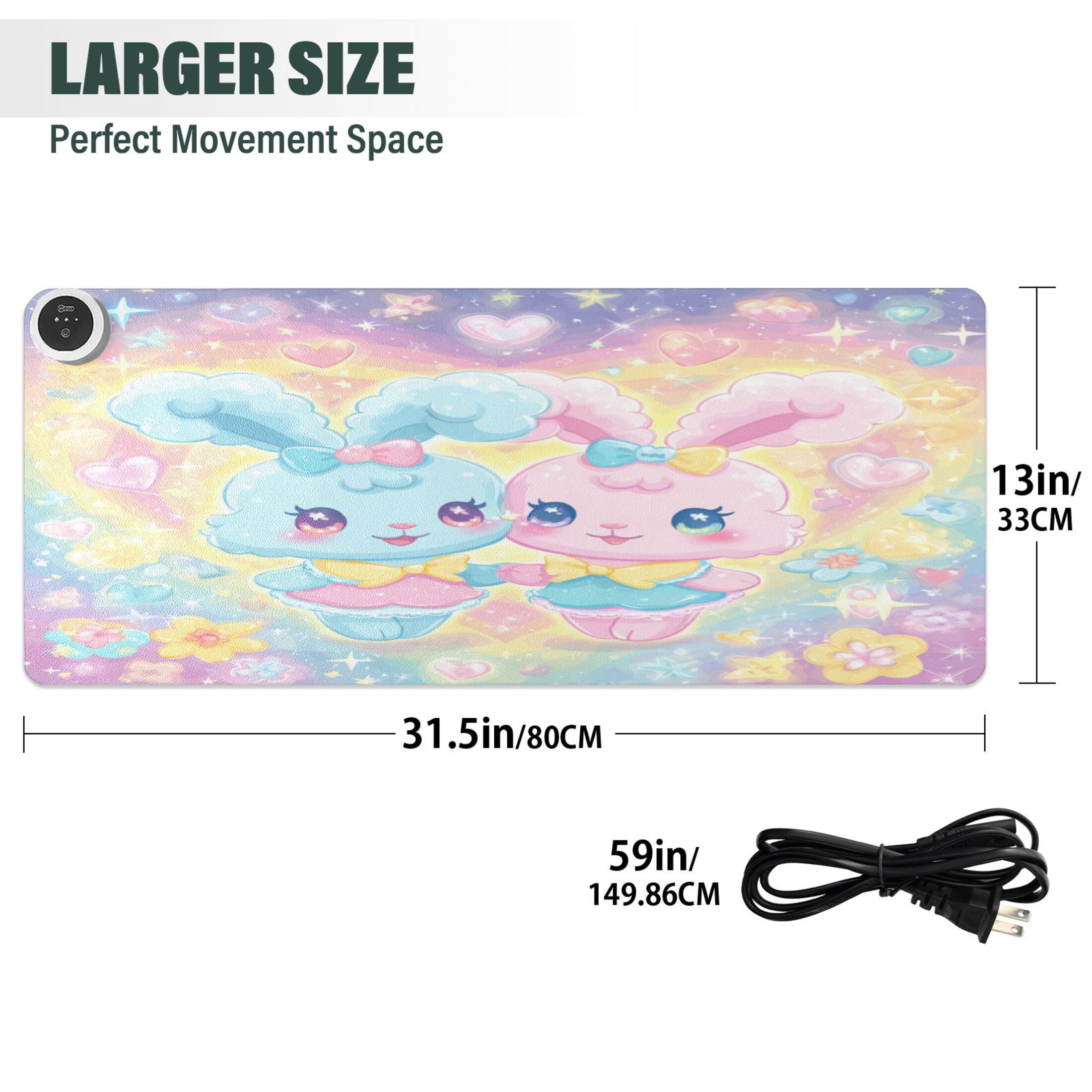 Large Heated Desk Mat Mouse Pad 31.5"x13"PU Leather Graphene Heating Desk Warmer with 3 Temperature Settings 110V US Plug Non-Slip Warm Pad for Home, Office, and Gaming Dreamy Celestial Bunny Duo