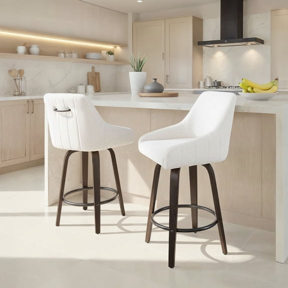 Hannah 26" Transitional Fixed-Height Counter Stool with Swivel in Walnut Glazed Wood and Cream Fabric with Round Black Metal Footrest by LumiSource - Set of 2