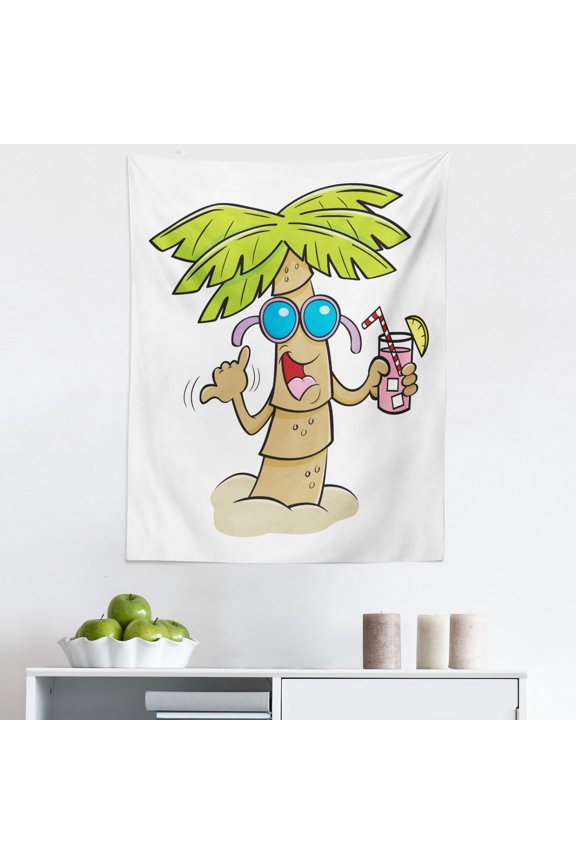 Sunglasses Tapestry, Whimsical Palm Tree Character Holding a Cocktail and Smiling Happily, Fabric Wall Hanging Decor for Bedroom Living Room Dorm, 5 Sizes, White and Multicolor, by Ambesonne