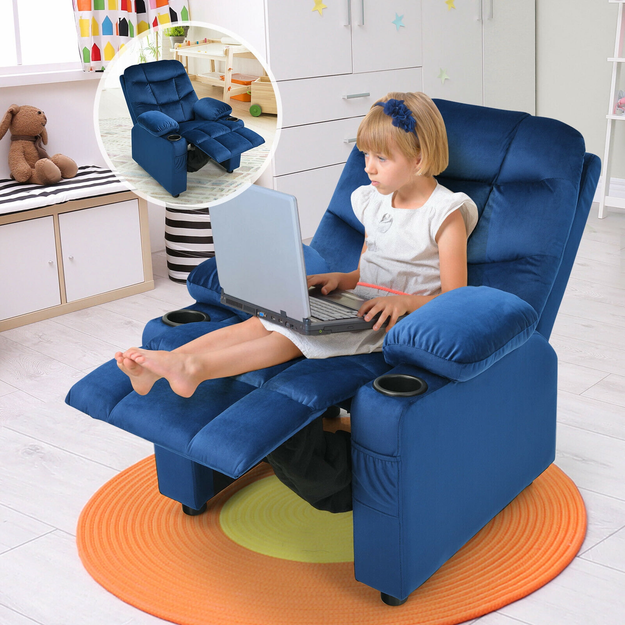 Gymax Kids Youth Recliner Chair Velvet Fabric w/Cup Holder & Side Pocket Blue