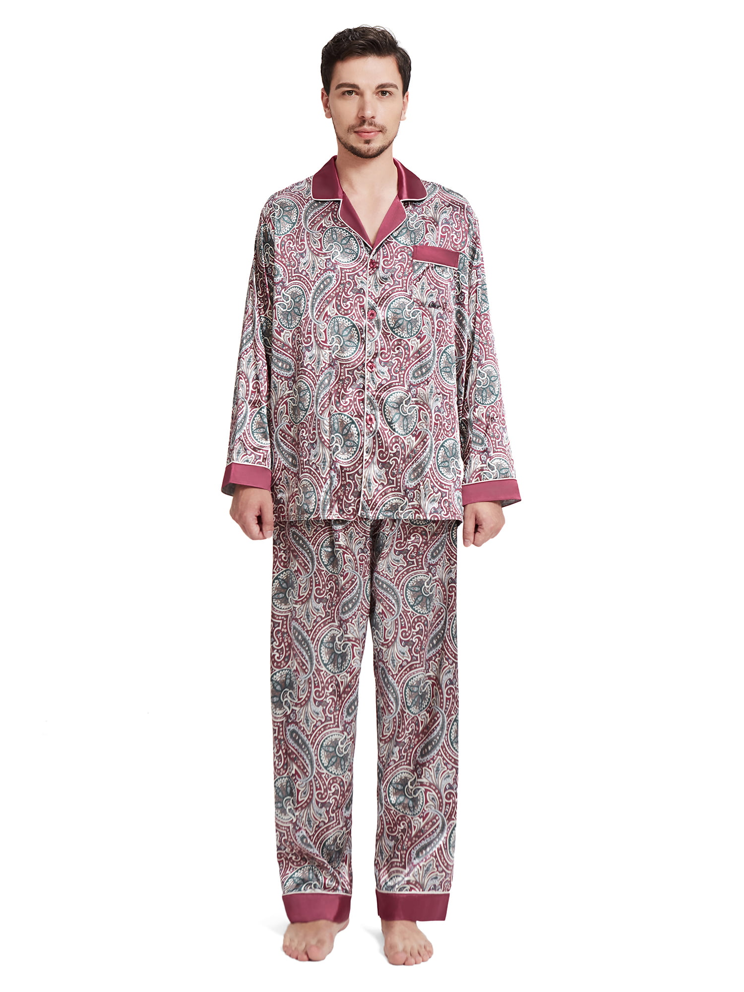 Spirio Mens Stylish Long Sleeve Buttons Sleepwear Print Silk Pajama Sets