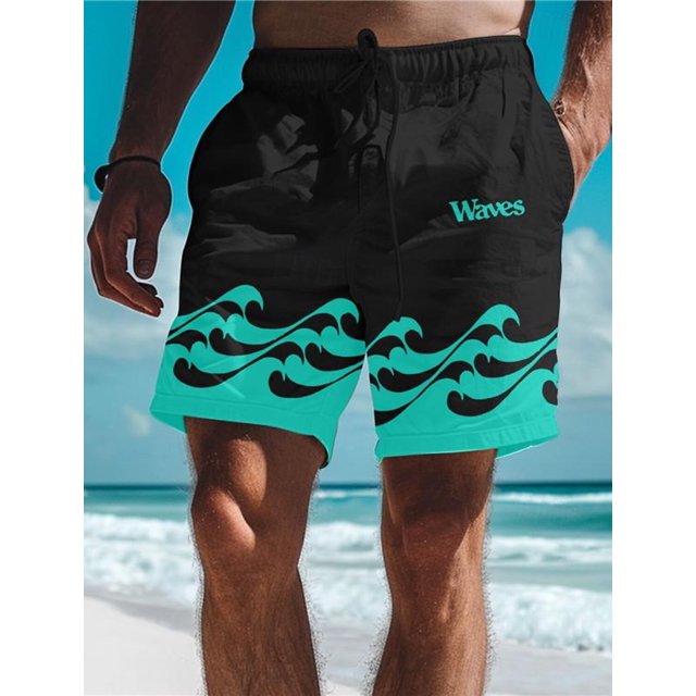 Waves Men's 3D Printed Board Shorts Swim Trunks Elastic Waist Drawstring Summer New Hawaiian Beach Style Letter Design Shorts